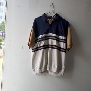 Vintage Towncraft Mens XL Polo Shirt Colorblock Striped Short Sleeve Navy Tan
